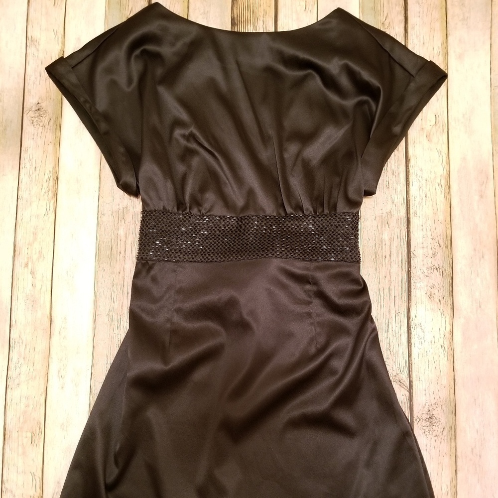 Cap Sleeve Black Dress with Sequin Waist